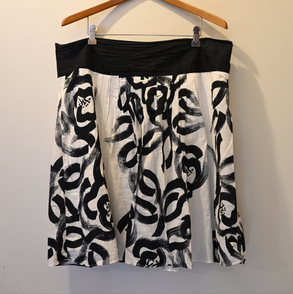 Black White Floral Brushstrokes A-Line 100% Cotton Mini Midi Skirt Plus Size 16W